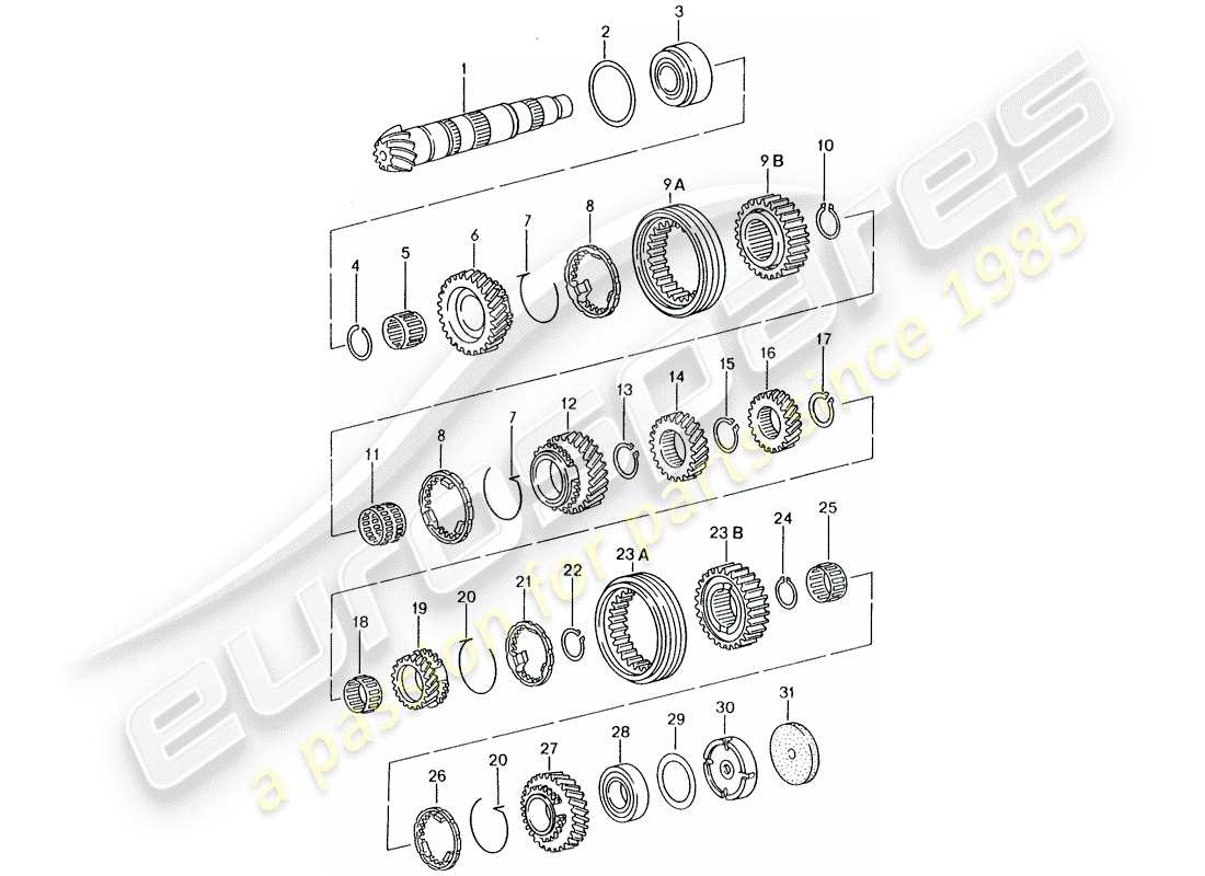 Porsche Boxster 986 (1998) gears and shafts - TRANSMISSION - FOR TRANSMISSION CODE: - D >> - MJ 2004 Part Diagram