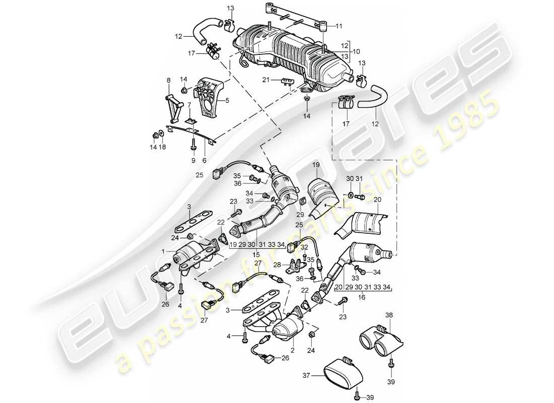 Porsche Boxster 986 (2001) EXHAUST SYSTEM - M 96.21/22 - M 96.23/24 Part Diagram