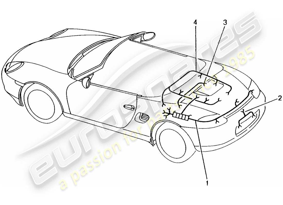 Porsche Boxster 986 (2004) WIRING HARNESSES - REAR END - LICENSE PLATE LIGHT - ADDITIONAL BRAKE LIGHT - ENGINE - REPAIR KIT - ANTI-LOCKING BRAKE SYST. -ABS- - BRAKE PAD WEAR INDICATOR - REAR AXLE Part Diagram