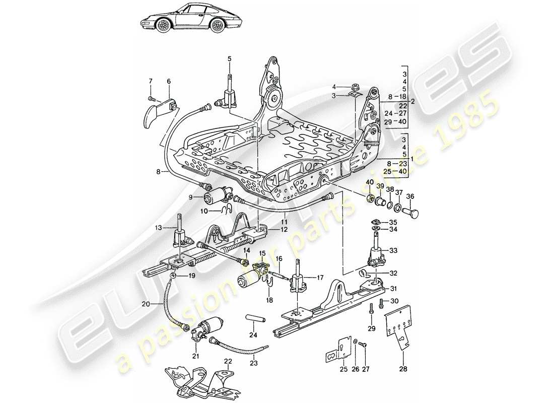 Porsche Seat 944/968/911/928 (1994) FRAME FOR SEAT - FOR - COMFORT SEAT - AND - STANDARD SEAT - WITH: - ELECT. VERTICAL ADJUSTMENT - D - MJ 1994>> - MJ 1998 Part Diagram