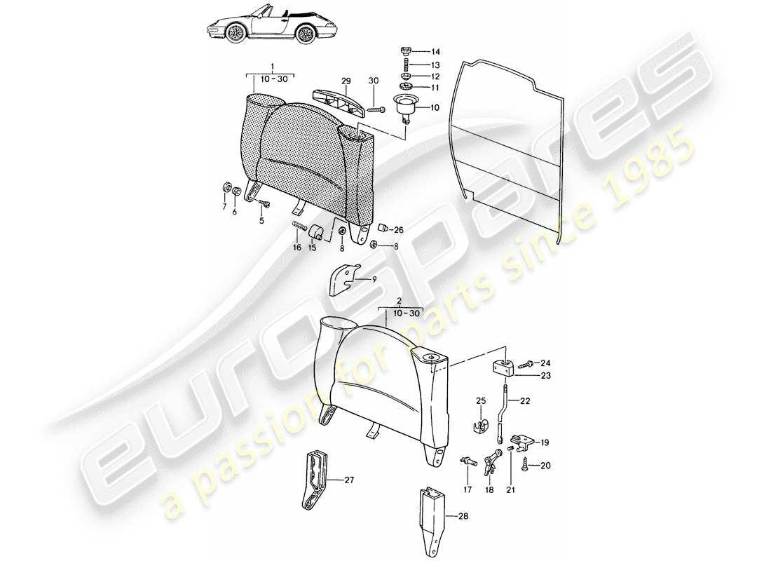 Porsche Seat 944/968/911/928 (1994) EMERGENCY SEAT BACKREST - WITH: - RELEASE BUTTON - D - MJ 1994>> - MJ 1998 Part Diagram
