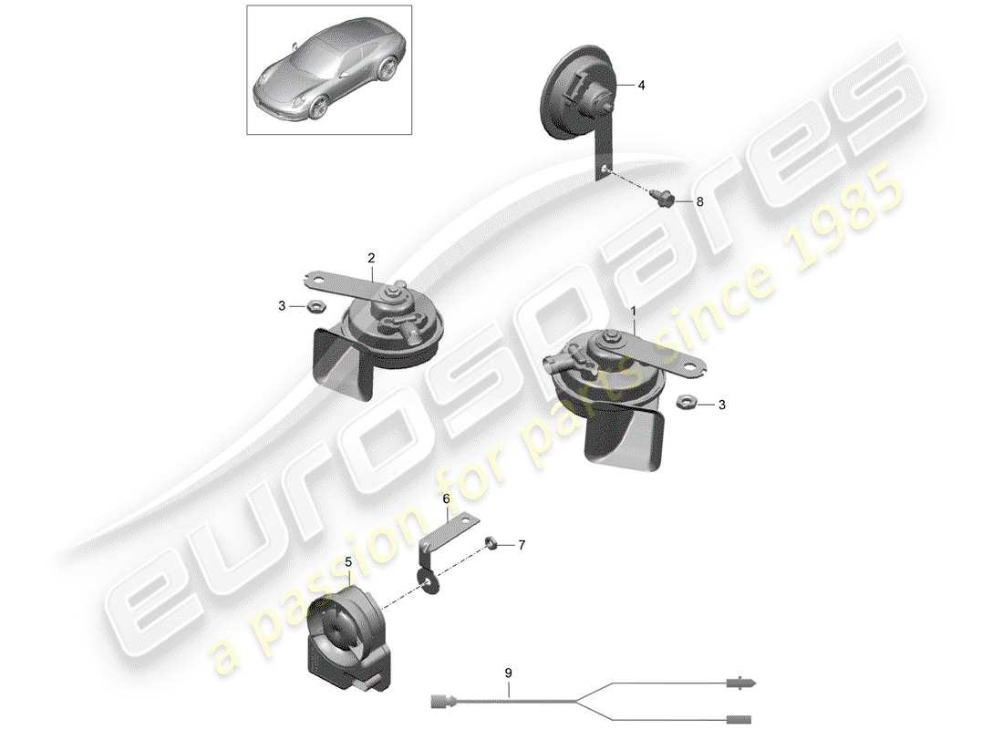 Porsche 991 (2014) fanfare horn Part Diagram