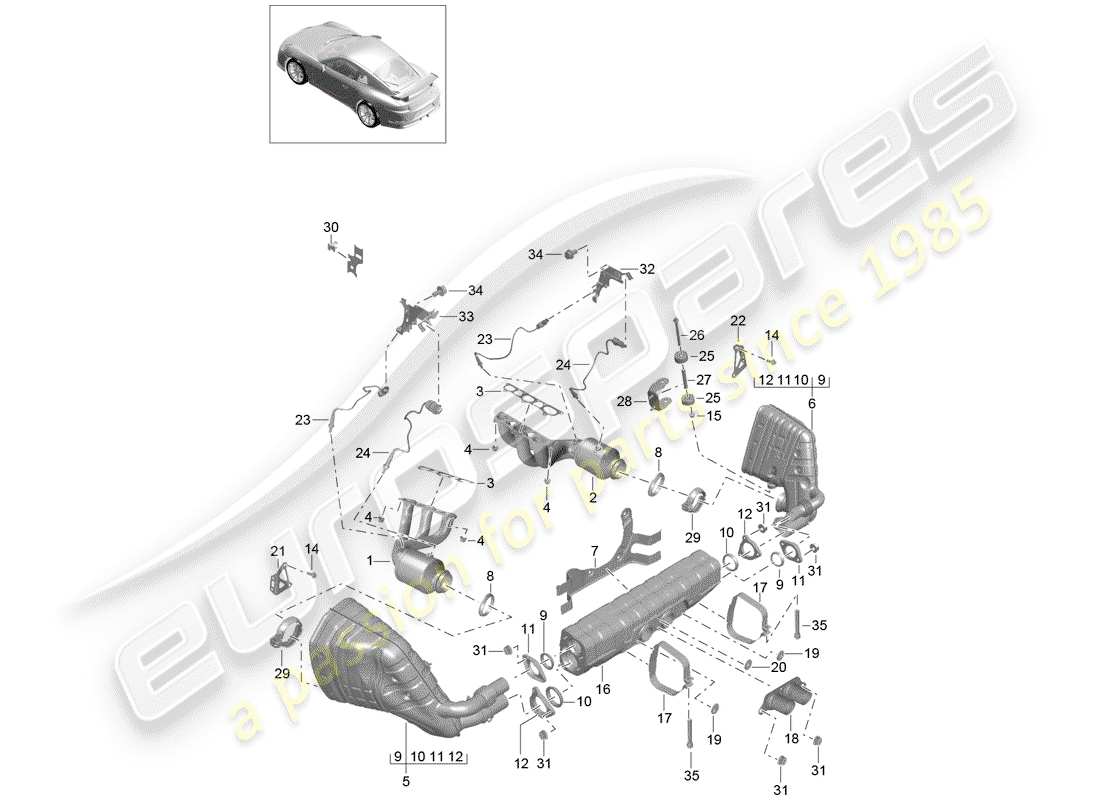 Porsche 991R/GT3/RS (2014) Exhaust System Part Diagram