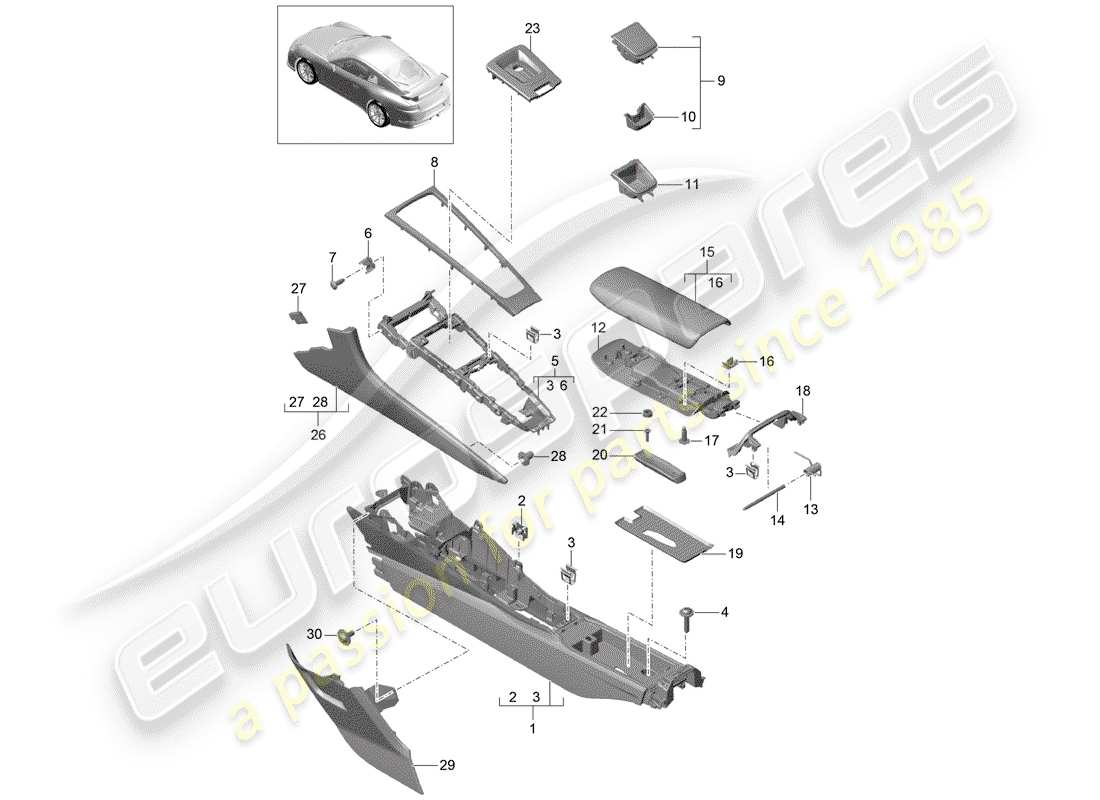 Porsche 991R/GT3/RS (2014) CENTER CONSOLE Parts Diagram