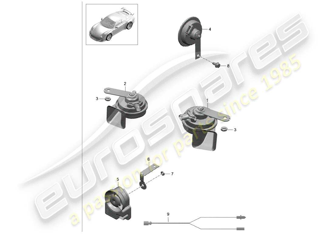 Porsche 991R/GT3/RS (2014) fanfare horn Part Diagram