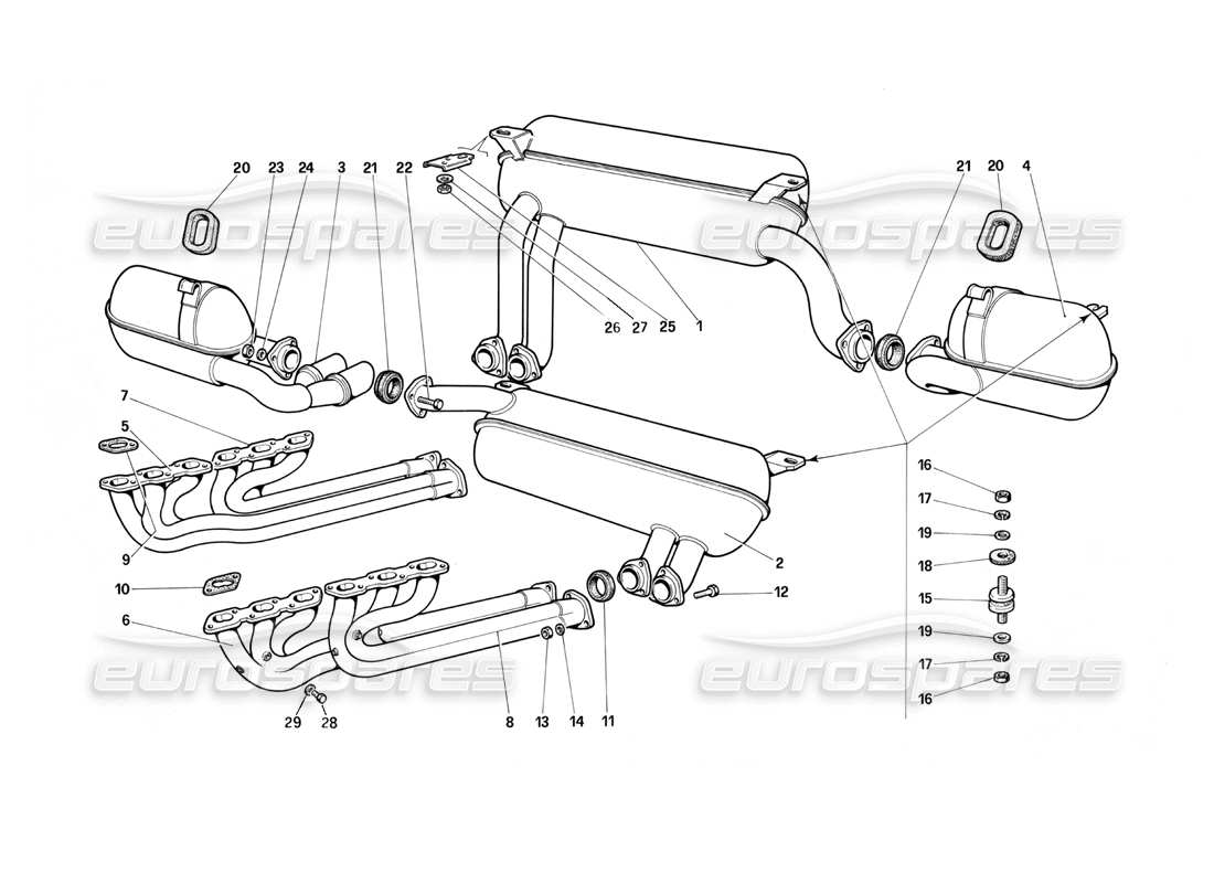 Ferrari Testarossa (1987) Exhaust System (Not for U.S.- SA and CH87) Parts Diagram