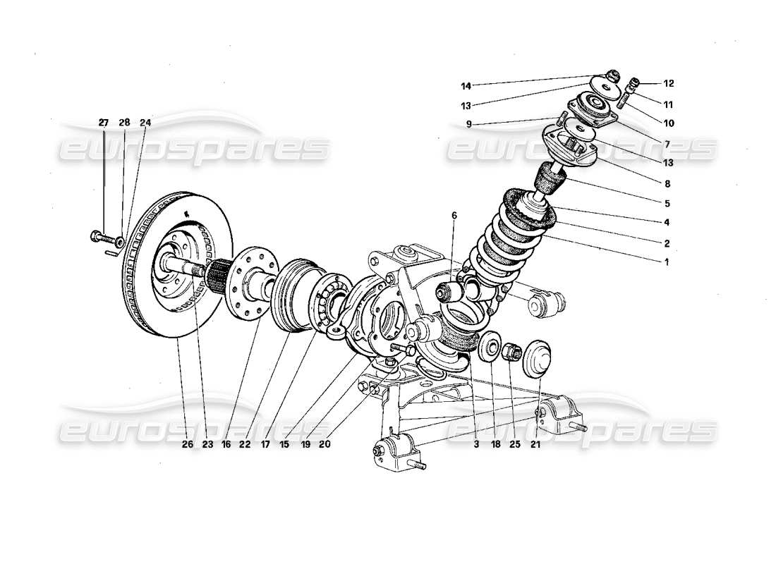 Ferrari Testarossa (1987) Front Suspension - Shock Absorber and Brake Disc Parts Diagram