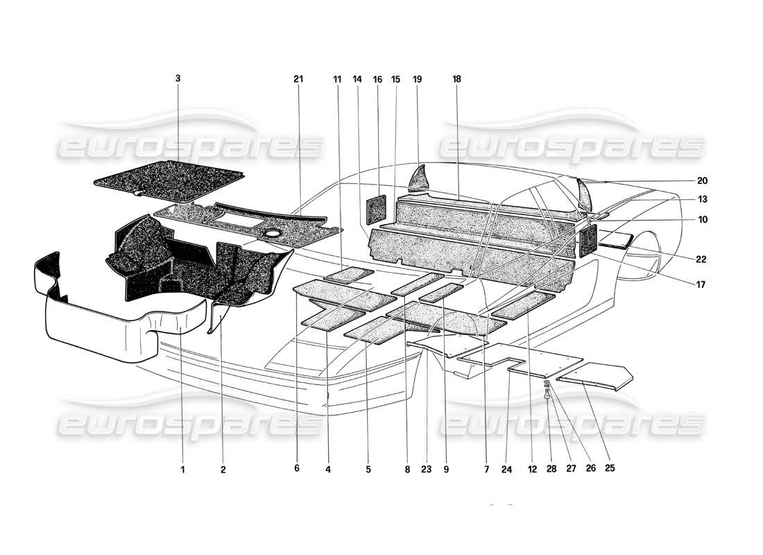 Ferrari Testarossa (1987) Luggage Compartment Carpet and Insulation Panels Parts Diagram