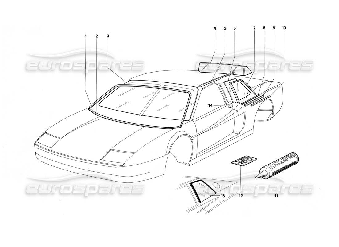 Ferrari Testarossa (1987) Windows Parts Diagram