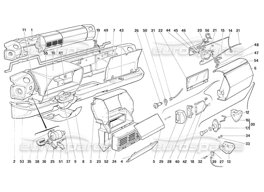 Ferrari Testarossa (1987) Dashboard (for U.S. Version MY 1987) Parts Diagram