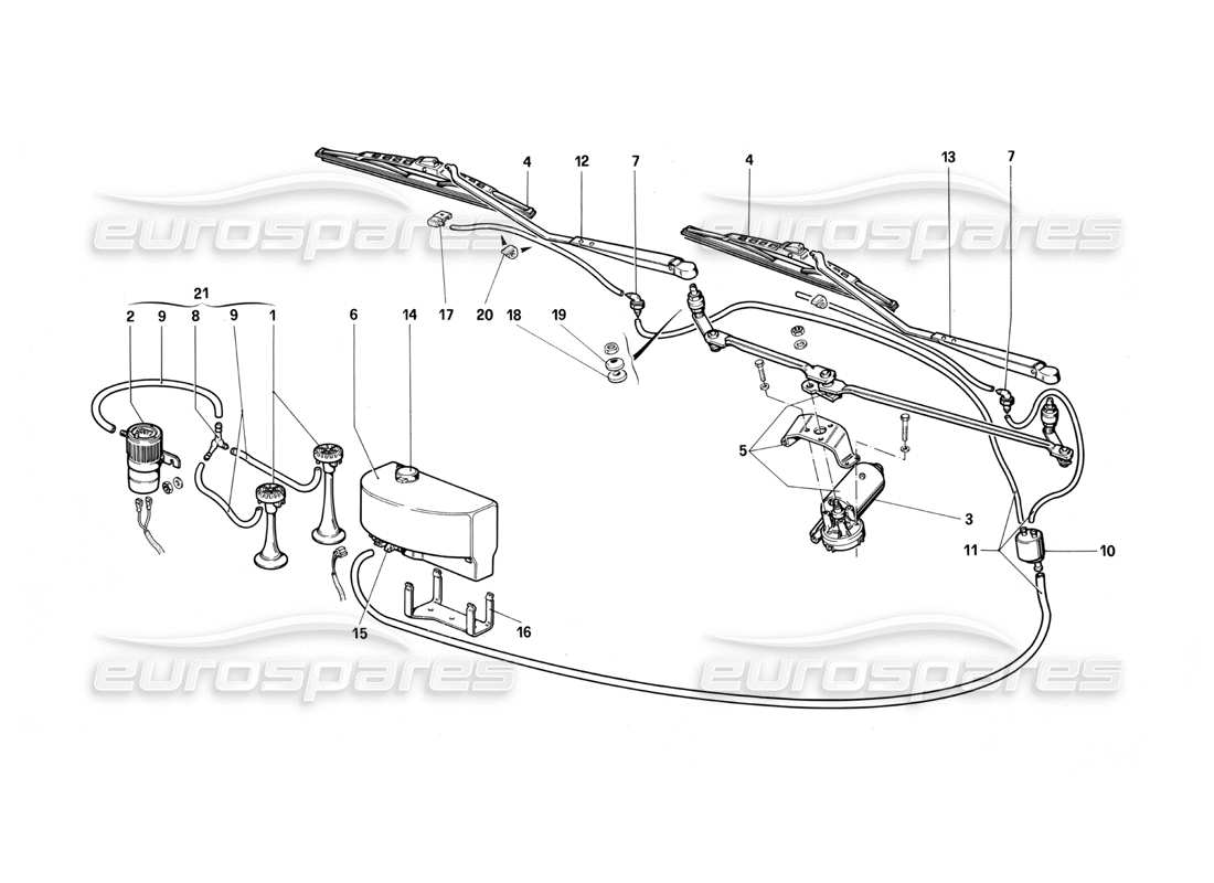 Ferrari Testarossa (1987) Windshield Wiper, Washer and Horns Parts Diagram