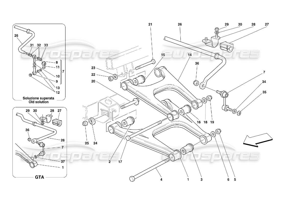 Ferrari 456 GT/GTA Rear Suspension - Wishbones and Stabilizer Bar Parts Diagram