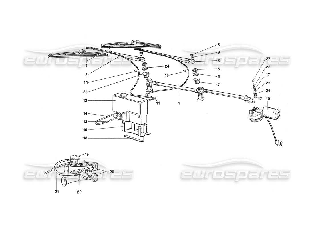 Ferrari 288 GTO Windshield Wiper - Washer and Horn Parts Diagram