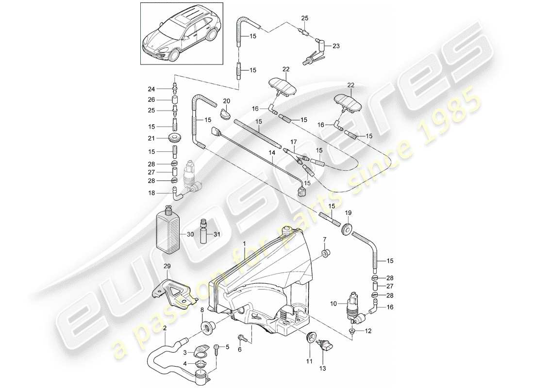 Porsche Cayenne E2 (2015) windshield washer unit Part Diagram