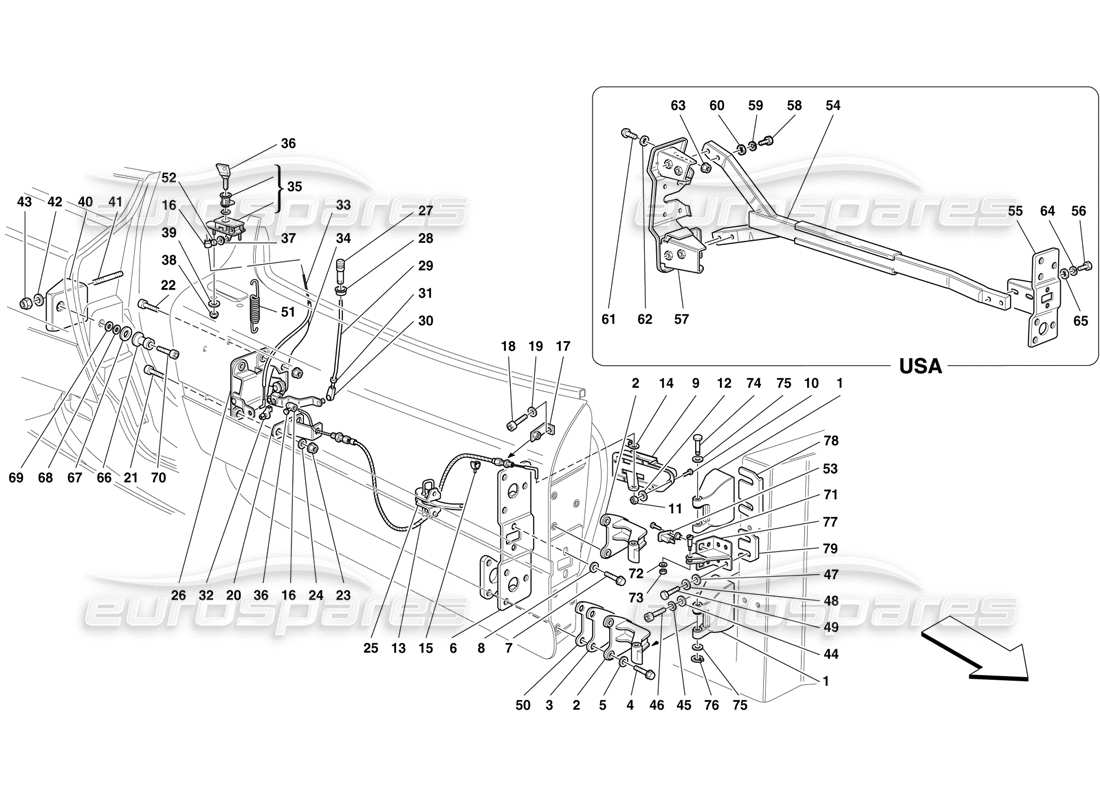 Ferrari F50 Doors - Hinges and Opening Control Part Diagram