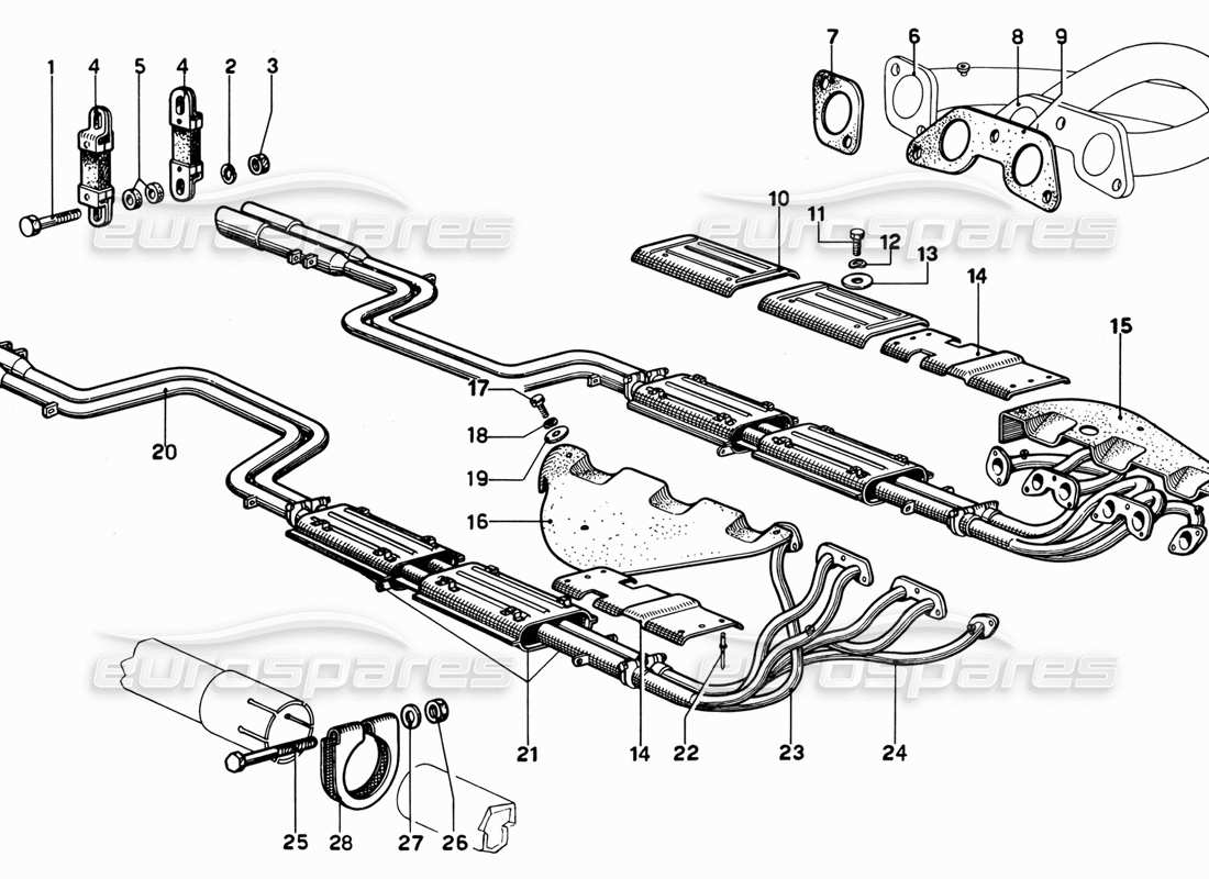 Ferrari 365 GT 2+2 (Mechanical) Exhaust Pipes Assembly Parts Diagram