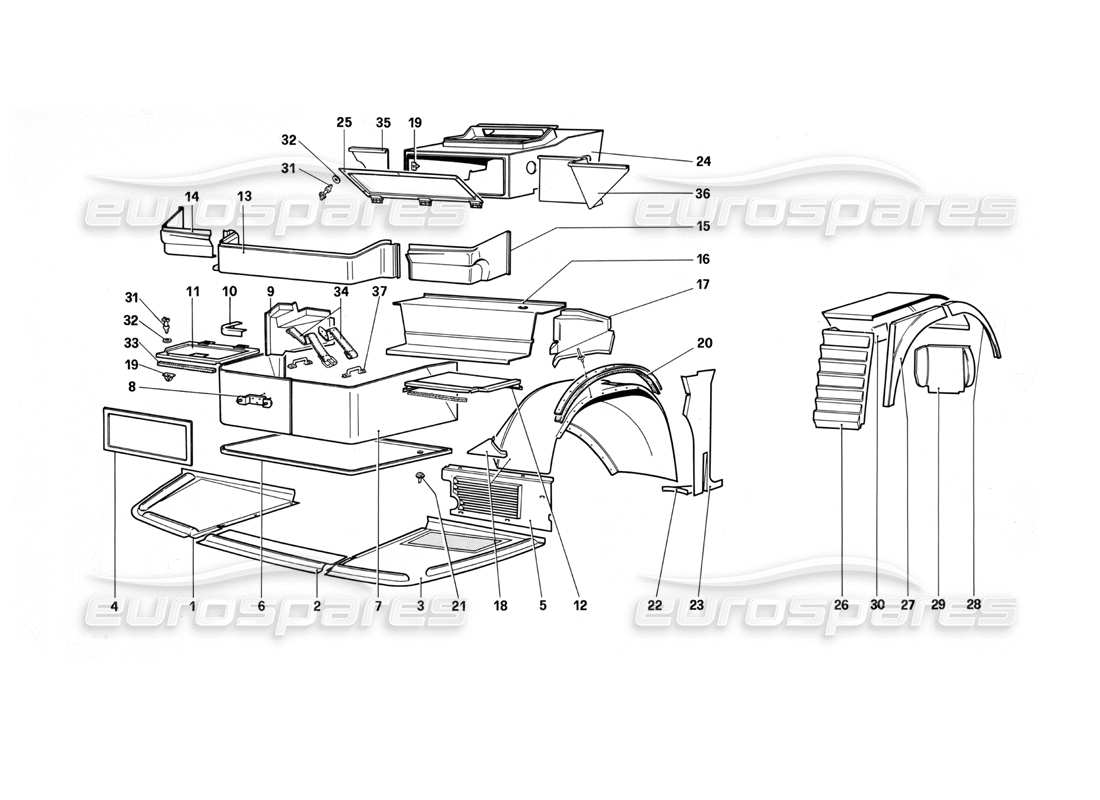 Ferrari Testarossa (1990) Body - Internal Components Parts Diagram