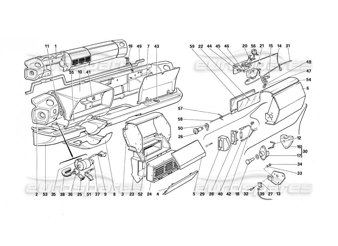 Ferrari Testarossa (1990) Dashboard (for US Version) Parts Diagram