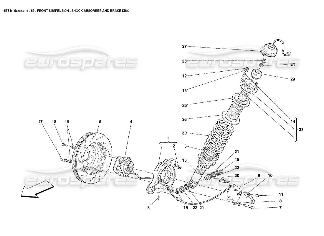 Ferrari 575M Maranello Front Suspension Shock Absorber and Brake Disc Parts Diagram
