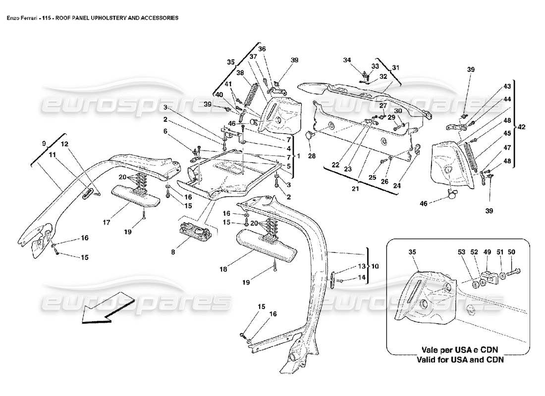 Ferrari Enzo Roof Panel Upholstery and Accessories Parts Diagram