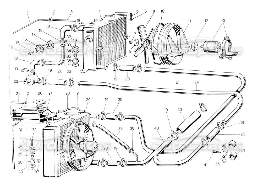 Lamborghini Countach LP400 radiator and coolant system Part Diagram