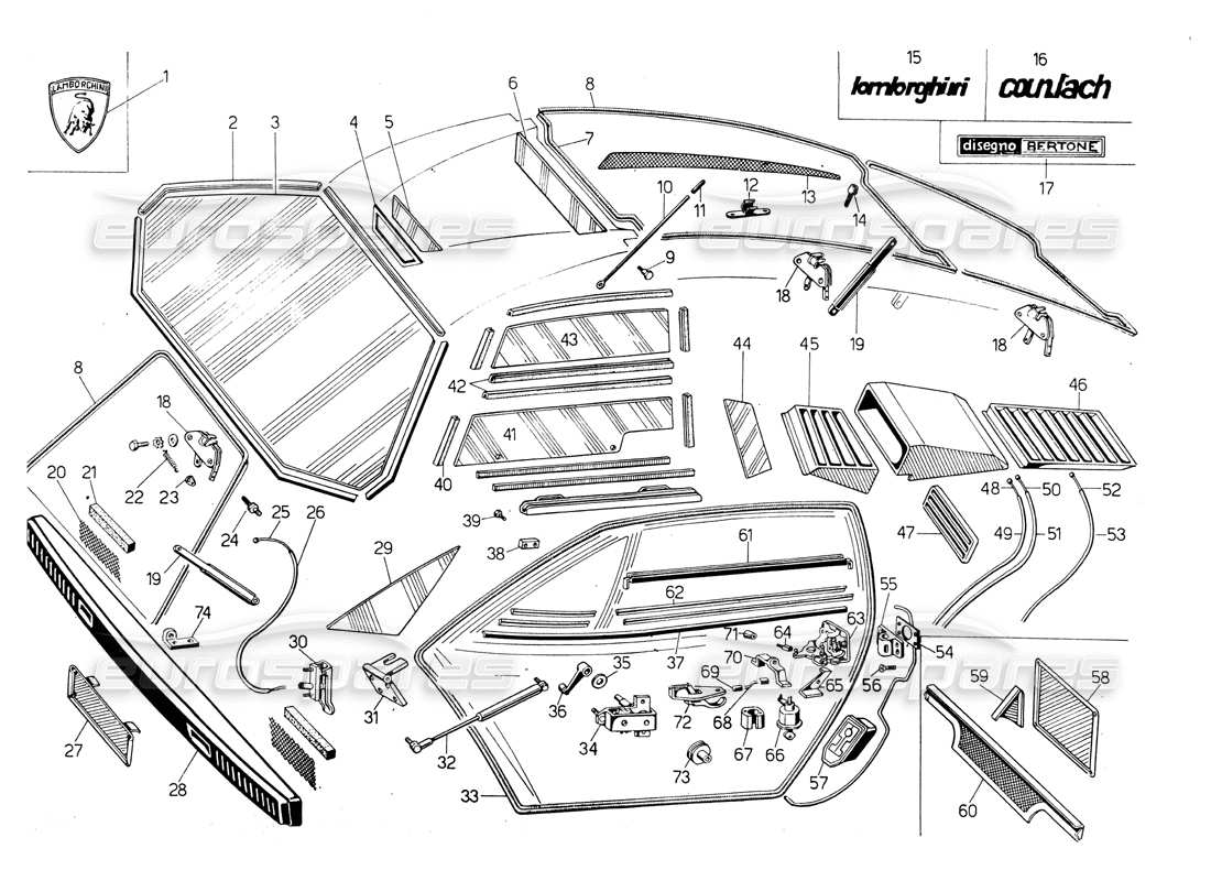 Lamborghini Countach LP400 Glasses, gaskets and controls Parts Diagram