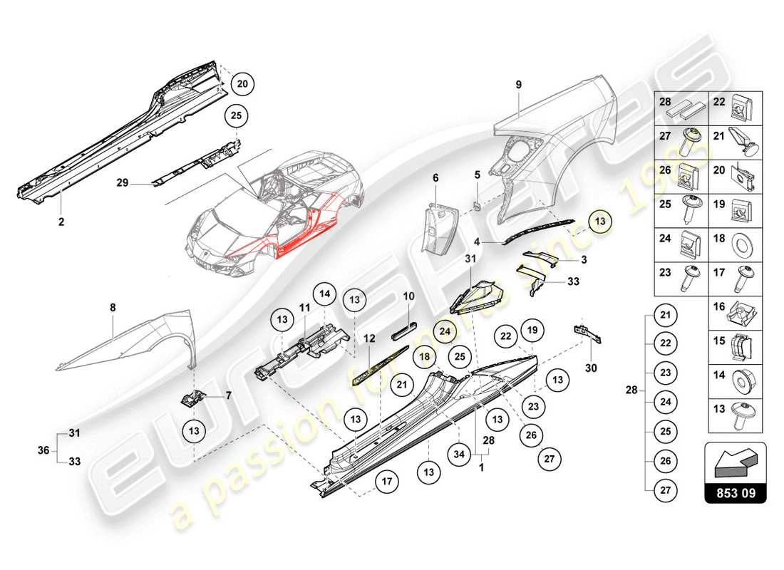 Lamborghini Evo Coupe 2WD (2020) LOWER EXTERNAL SIDE MEMBER FOR WHEEL HOUSING Part Diagram