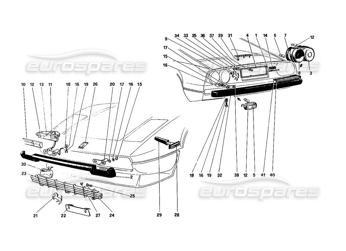 Ferrari 308 Quattrovalvole (1985) Bumpers, Mouldings and External Lights Parts Diagram