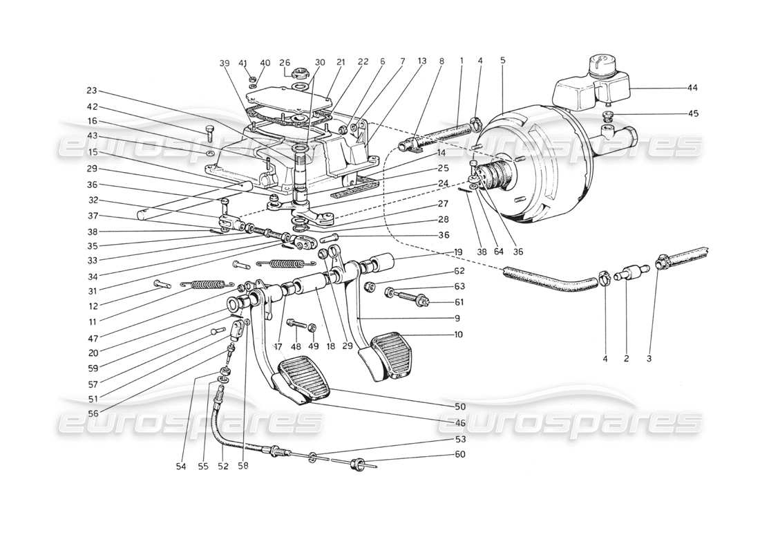 Ferrari 208 GT4 Dino (1975) Pedal Board - Brake and Clutch Controls Parts Diagram