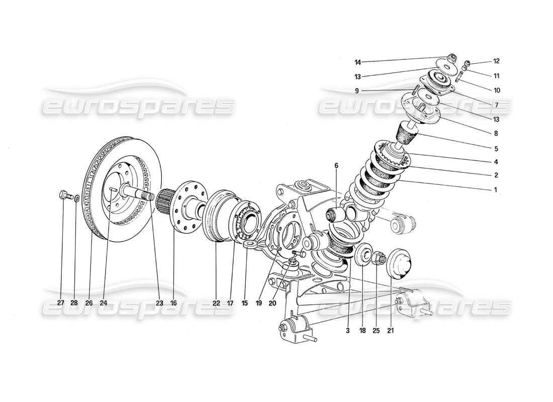 ferrari 288 gto front suspension - shock absorber and brake disc parts diagram