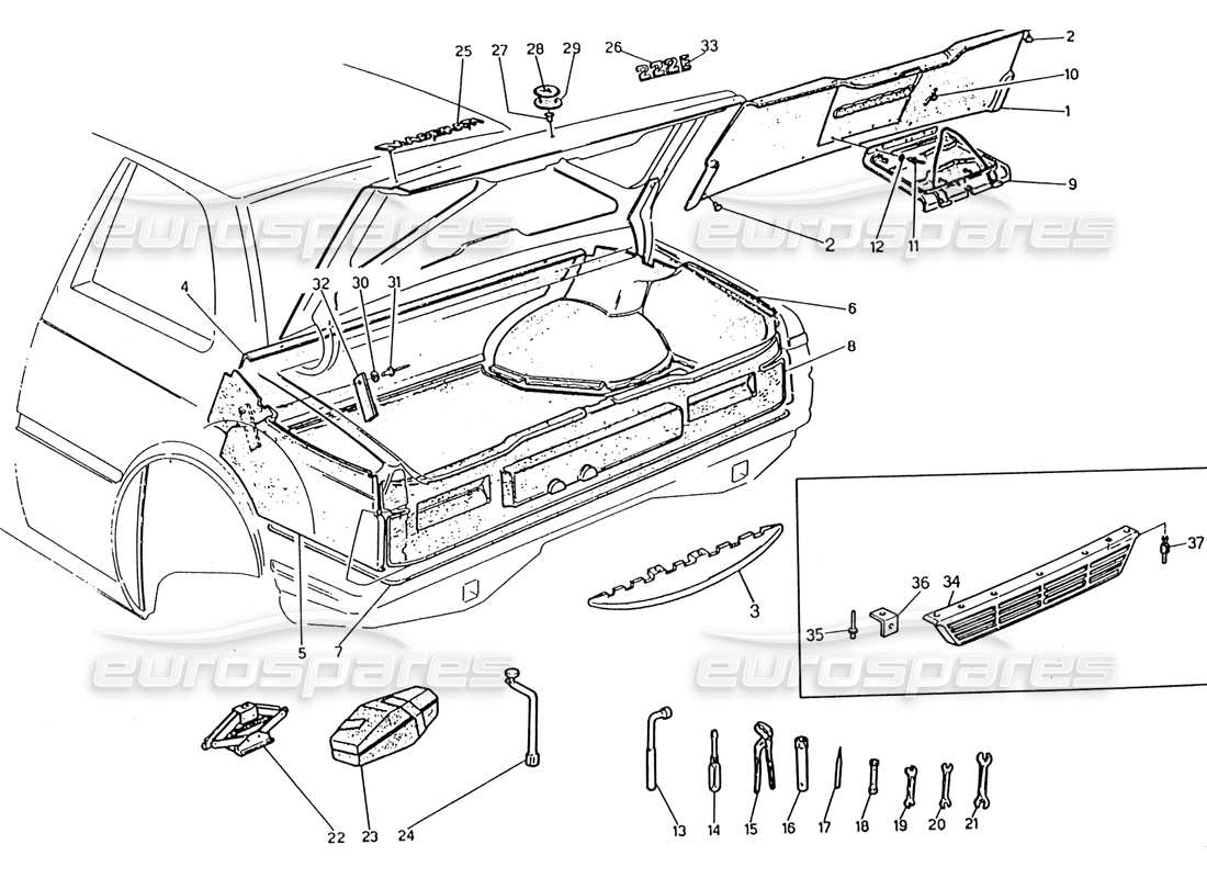 maserati 222 / 222e biturbo boot: badges, carpets and tools parts diagram