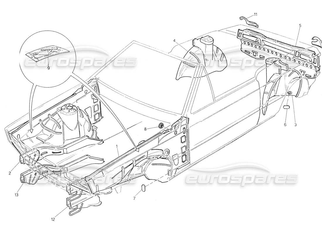 maserati biturbo spider body shell: inner panels part diagram