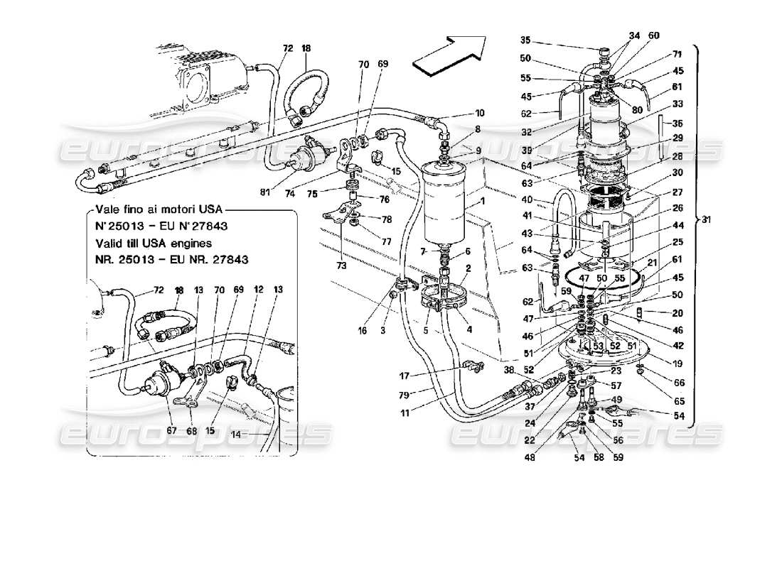 ferrari mondial 3.4 t coupe/cabrio fuel pump and pipes parts diagram