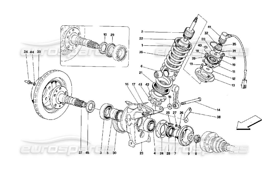 ferrari mondial 3.4 t coupe/cabrio rear suspension - shock absorber and brake disc parts diagram