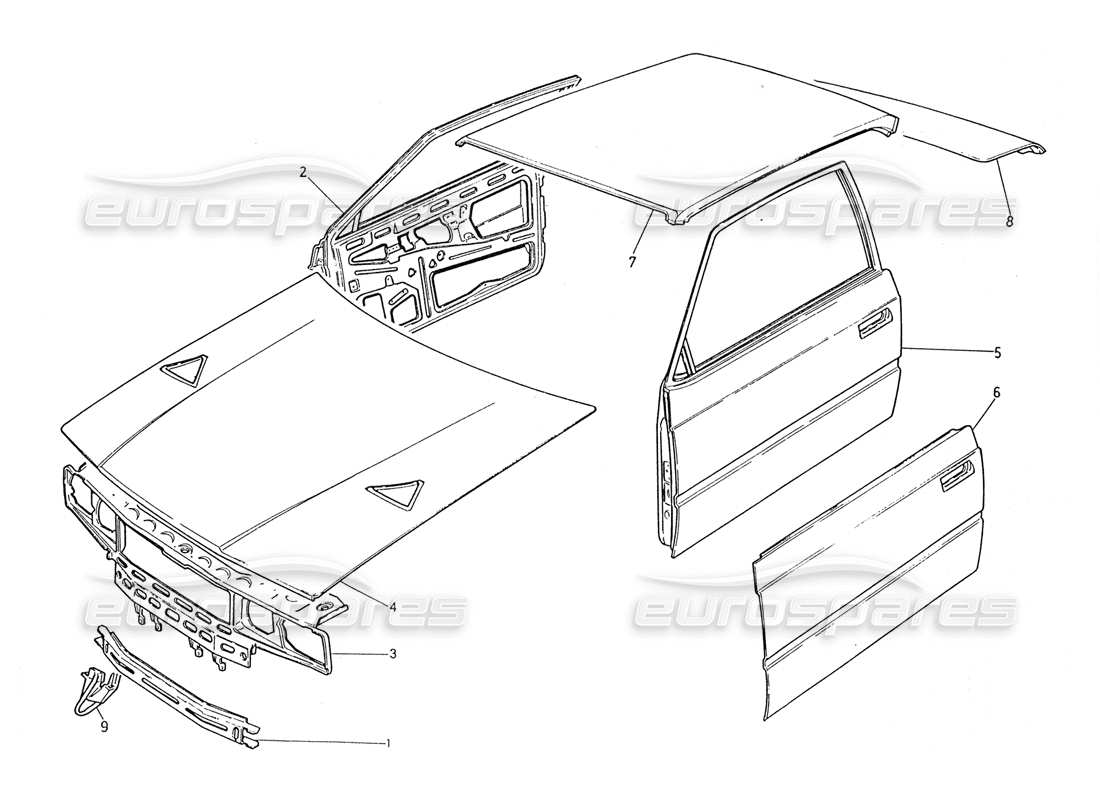maserati 2.24v body shell: front panel, roof panel, doors, bonnet, boot lid, parts diagram
