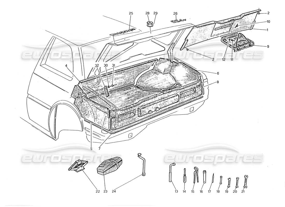 maserati 2.24v boot: badges, carpets and tools part diagram