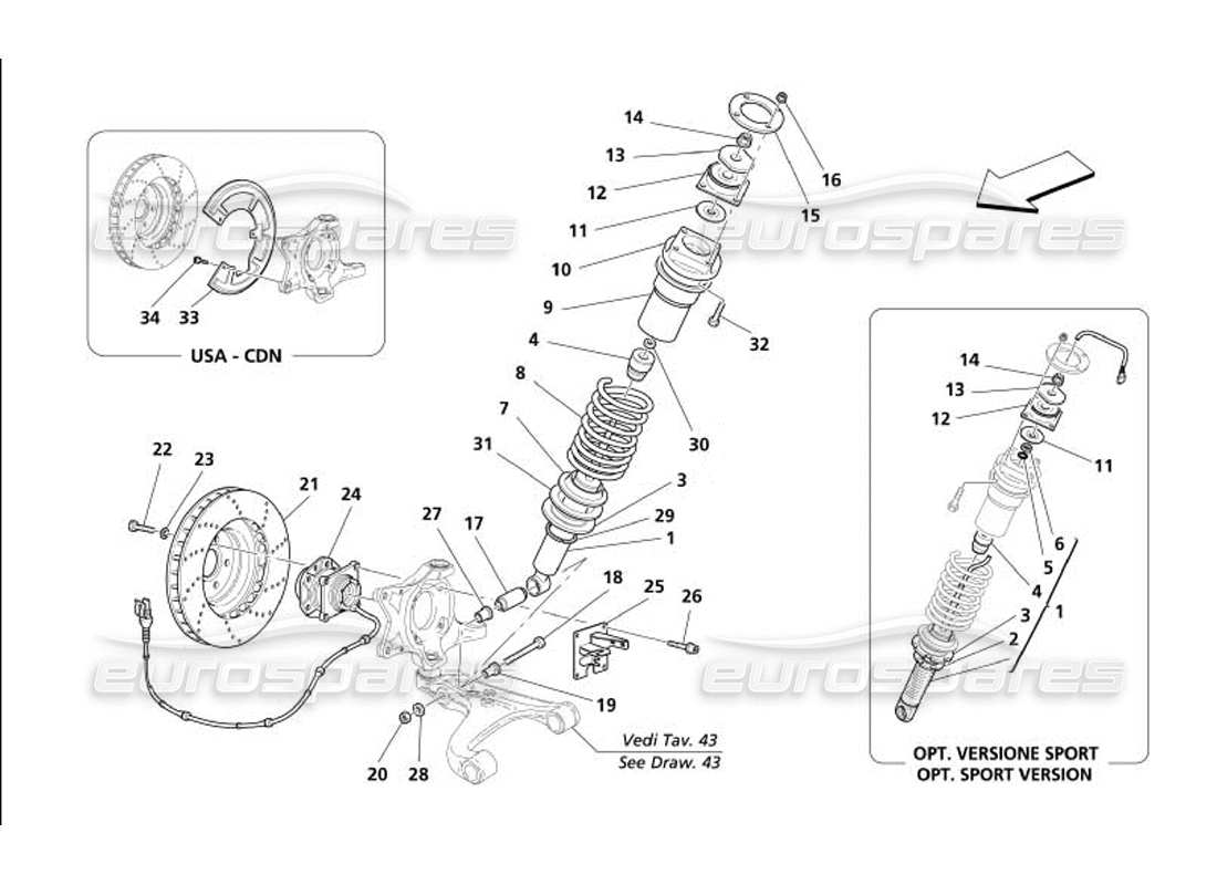 maserati 4200 gransport (2005) front suspension - shock absorber and brake disc part diagram