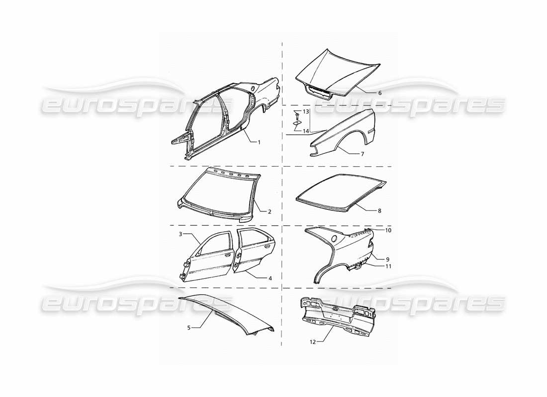 maserati qtp. 3.2 v8 (1999) body shell: outer panels parts diagram