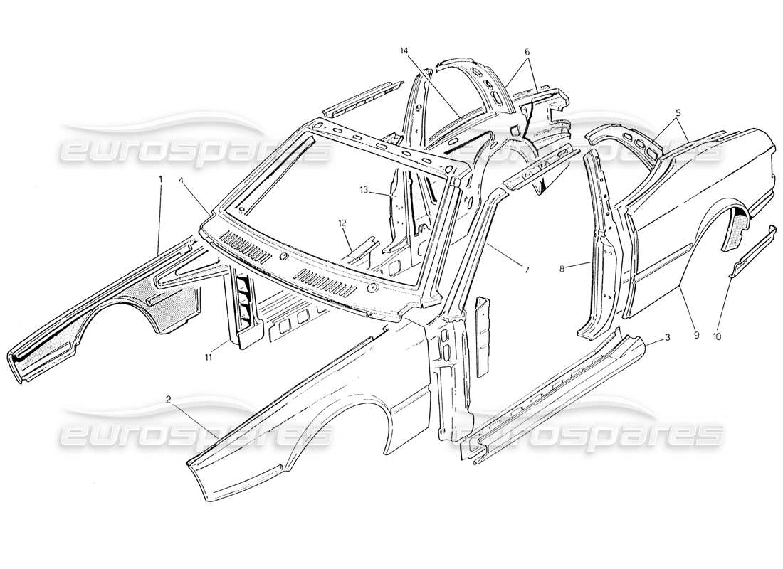 maserati karif 2.8 body shell: outer panels parts diagram