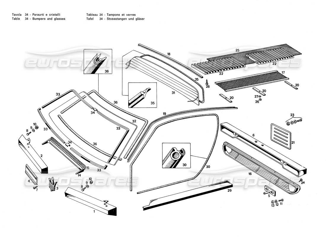 maserati merak 3.0 bumpers and glasses parts diagram