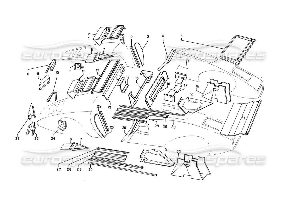 lamborghini countach 5000 qvi (1989) inner and outer coverings parts diagram