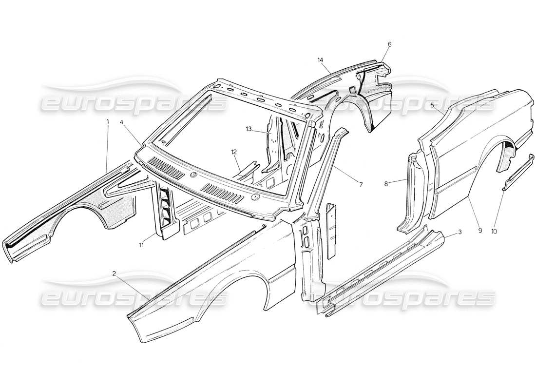 maserati biturbo spider body shell: outer panels part diagram