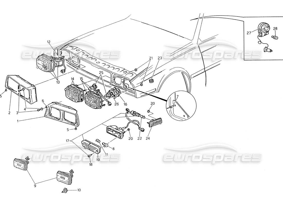 maserati 222 / 222e biturbo front lights parts diagram