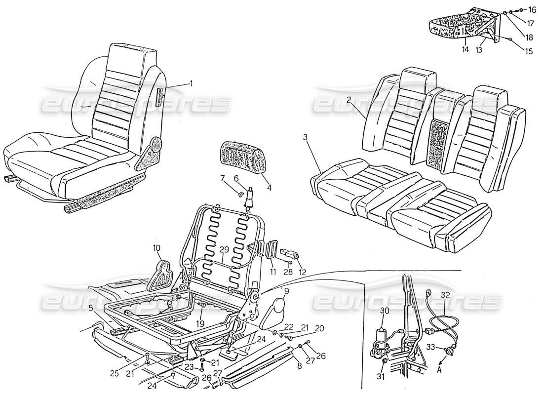 maserati 222 / 222e biturbo front and rear seats part diagram