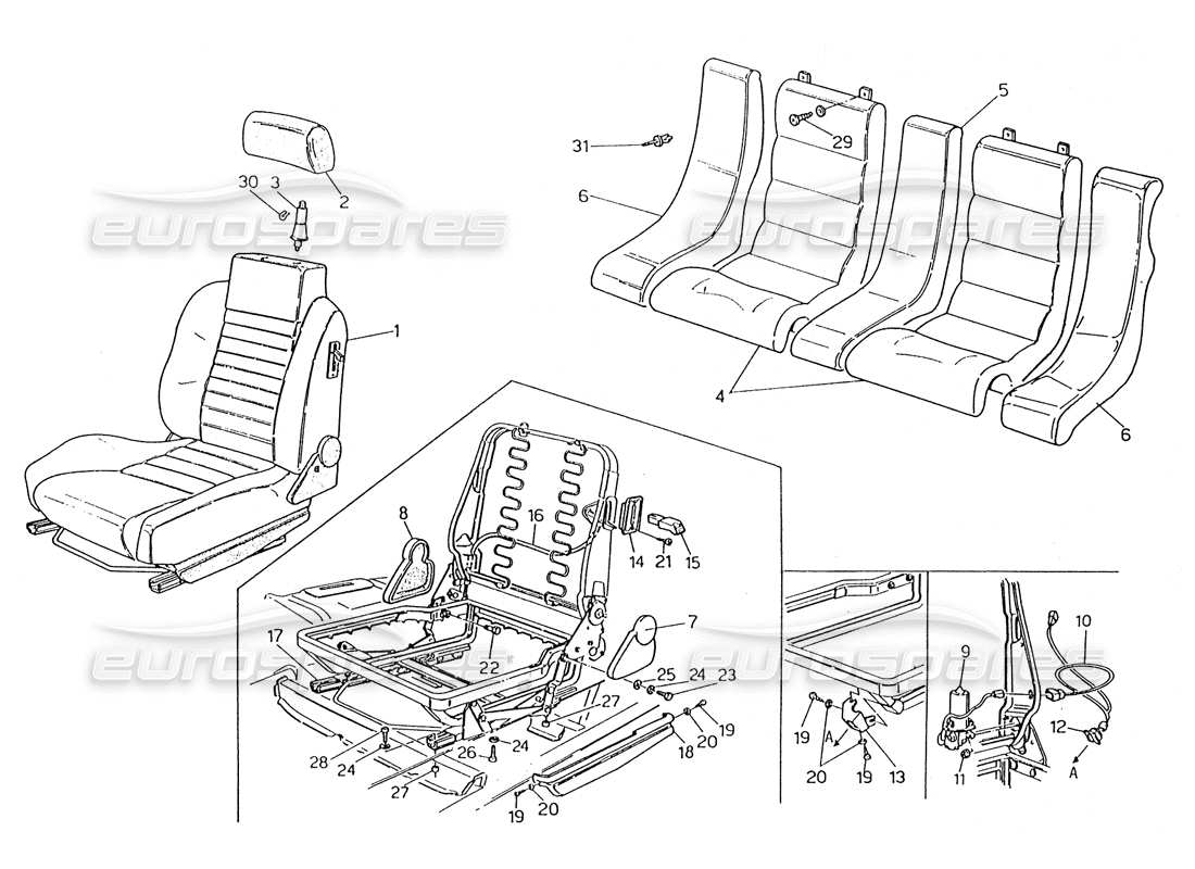 maserati karif 2.8 front and rear seats parts diagram