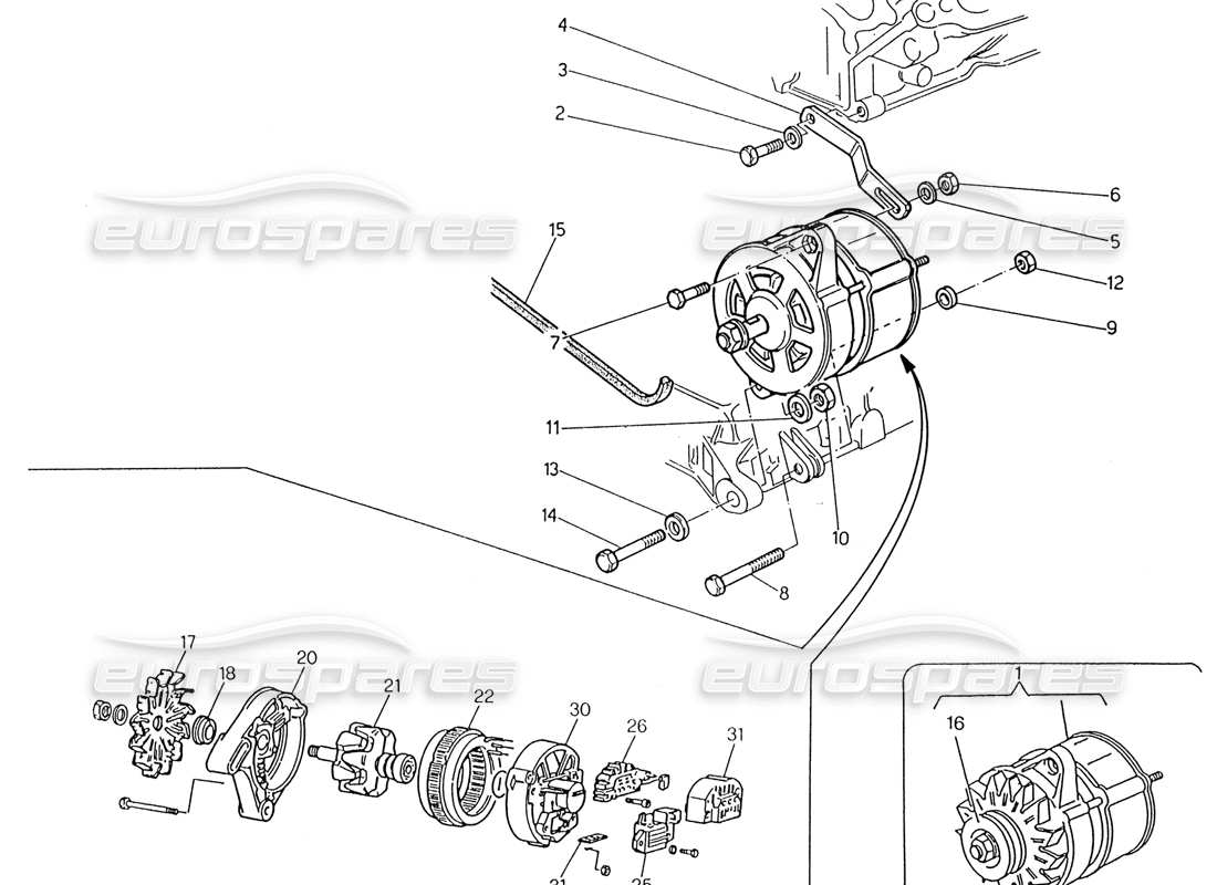 maserati 222 / 222e biturbo alternator and bracket parts diagram