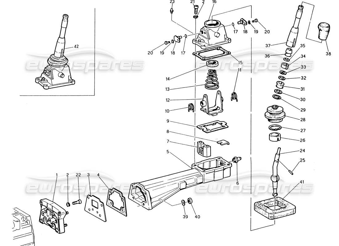 maserati 222 / 222e biturbo transmission - outside controls parts diagram