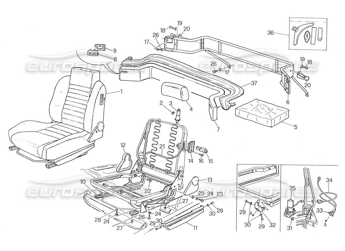 maserati biturbo spider front and rear seats part diagram