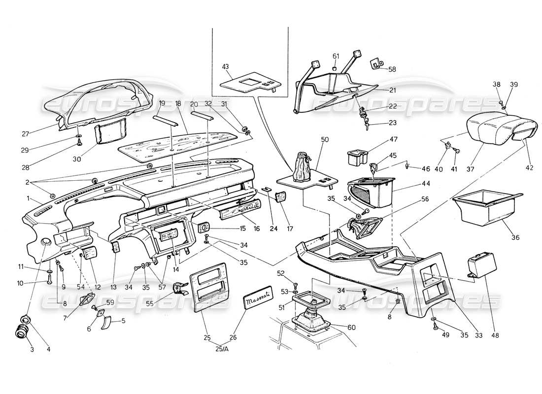 maserati biturbo spider instrument panel and console (lh steering) part diagram