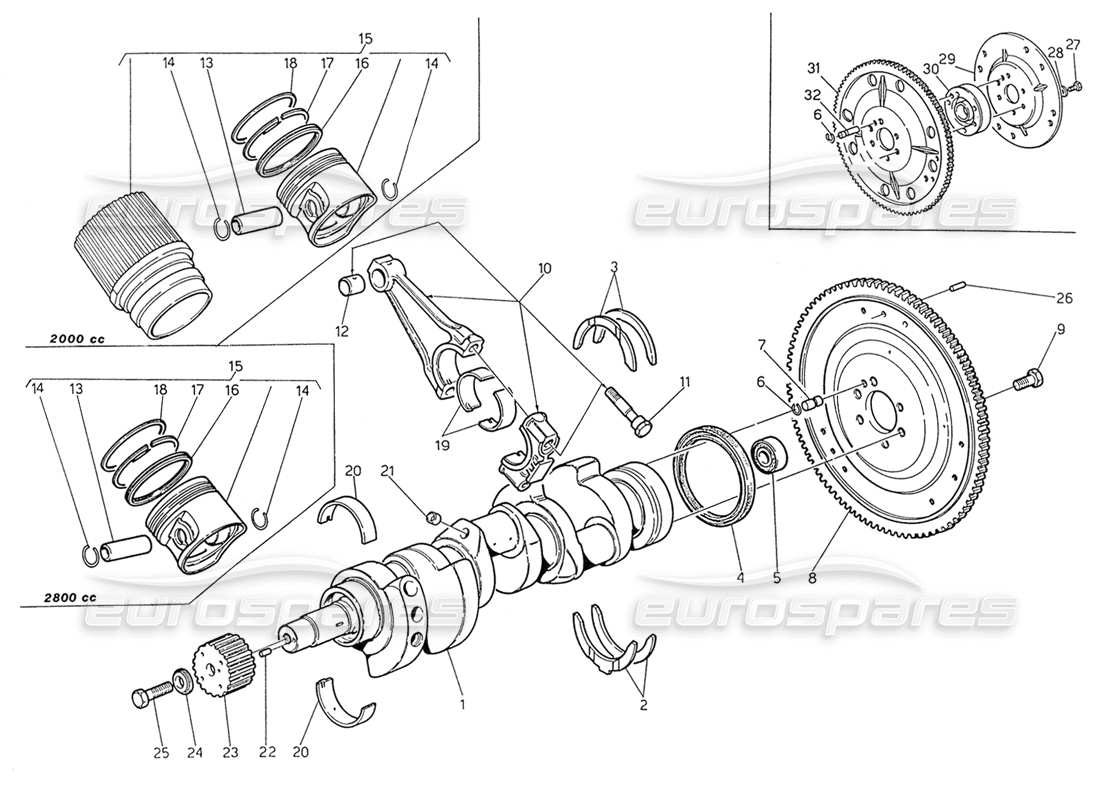 maserati biturbo spider crankshaft - pistons - connecting rods and flywheel part diagram